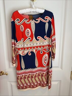 Ali Ro Red, Navy & Cream Graphic Long-Sleeve Shift Dress